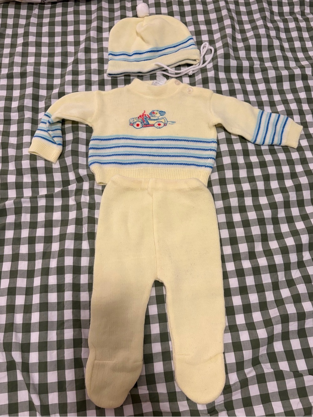 Vintage Cream Knit Baby Footed One-Piece with Blue Stripes and Hat
